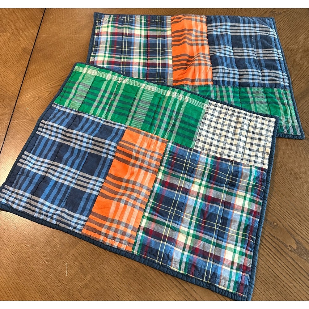 2 Pottery Barn Teen Kids Plaid Sham Quilted Bed Pillow Covers Blue Green Orange